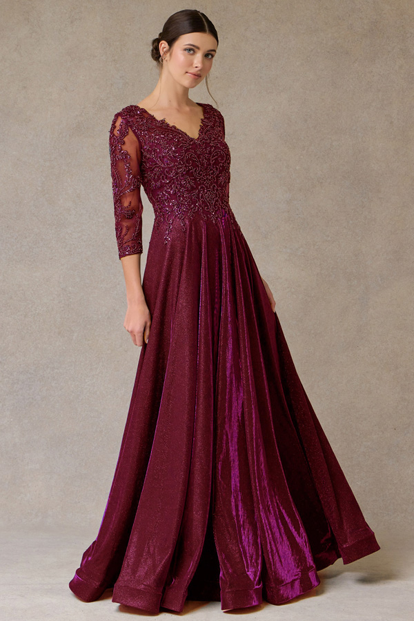 Sheer 3 Quarter Sleeve Metallic A Line MoB Dress